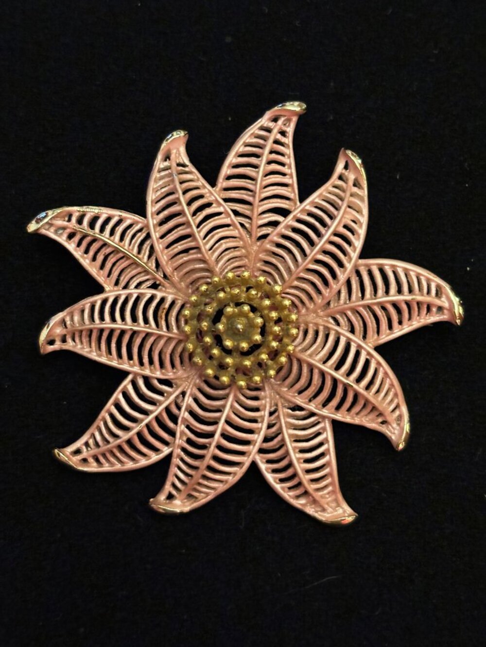 Vintage Pink & Gold Fenestrated Petal Flower w/ Gold Dimensional Center Brooch